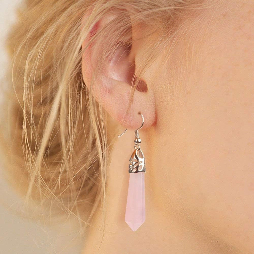 Real Natural Quartz Stone Healing Point Crystal Chakra Dangle Earrings Valentine'S Day Mother'S Day Gift