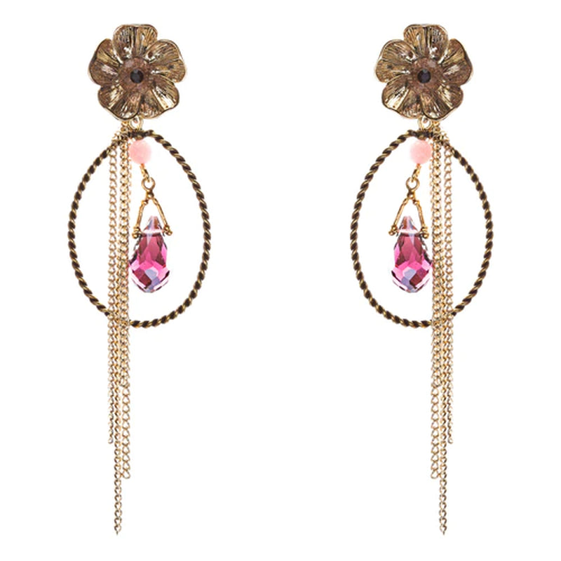 Semiprecious Flower & Chain Tear Drop Earrings Gold